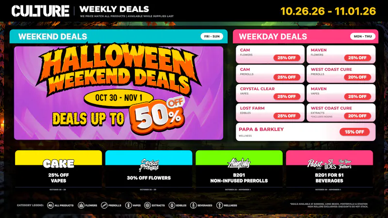 Culture Cannabis Delivery - Westminster / Sunset Beach / Seal Beach Halloween Countdown: Up to 25% OFF Weekday Deals!