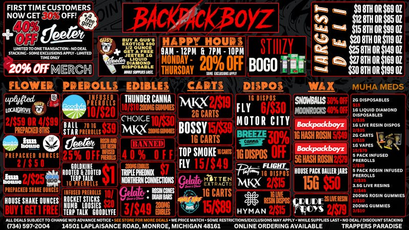 Backpack Boyz Monroe 20% OFF HAPPY HOURS 9AM-12PM & 7PM-10PM!