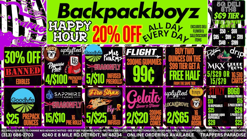 Backpack Boyz - Detroit 20% OFF ALL DAY EVERY DAY! 99¢ FLIGHT GUMMIES!