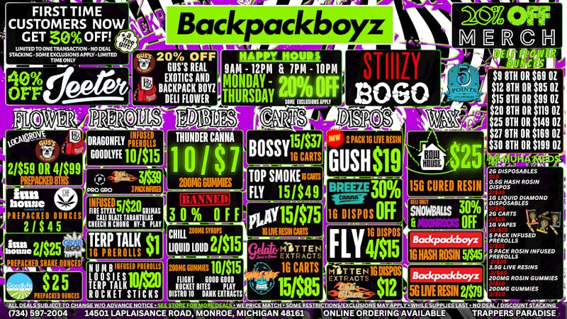 Backpack Boyz Monroe 20% OFF HAPPY HOURS : 9AM-12PM & 7PM-10PM!