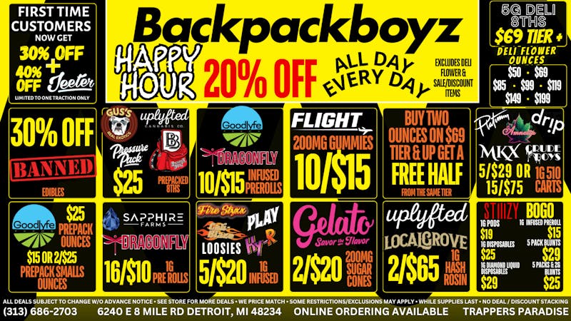 Backpack Boyz - Detroit 20% OFF HAPPY HOUR ALL DAY EVERYDAY!