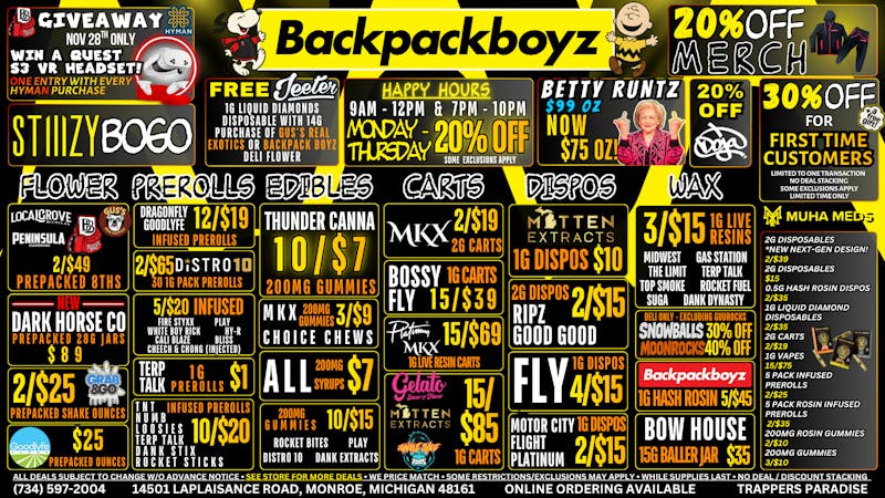 Backpack Boyz Monroe 20% OFF HAPPY HOURS! 9AM-12PM & 7PM-10PM