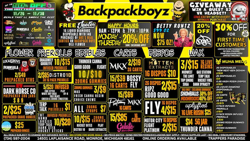 Backpack Boyz Monroe 20% OFF HAPPY HOUR! 9AM-12PM & 7PM-10PM