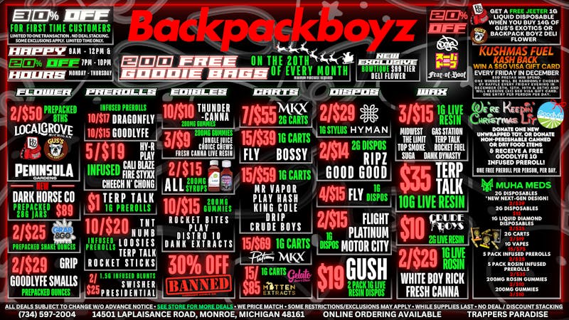 Backpack Boyz Monroe 20% OFF: 9AM-12PM & 7PM - 10PM HAPPY HOURS!