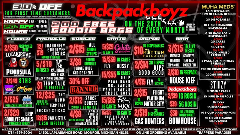 Backpack Boyz Monroe 20% OFF HAPPY HOURS 9AM-12PM & 7PM-10PM!