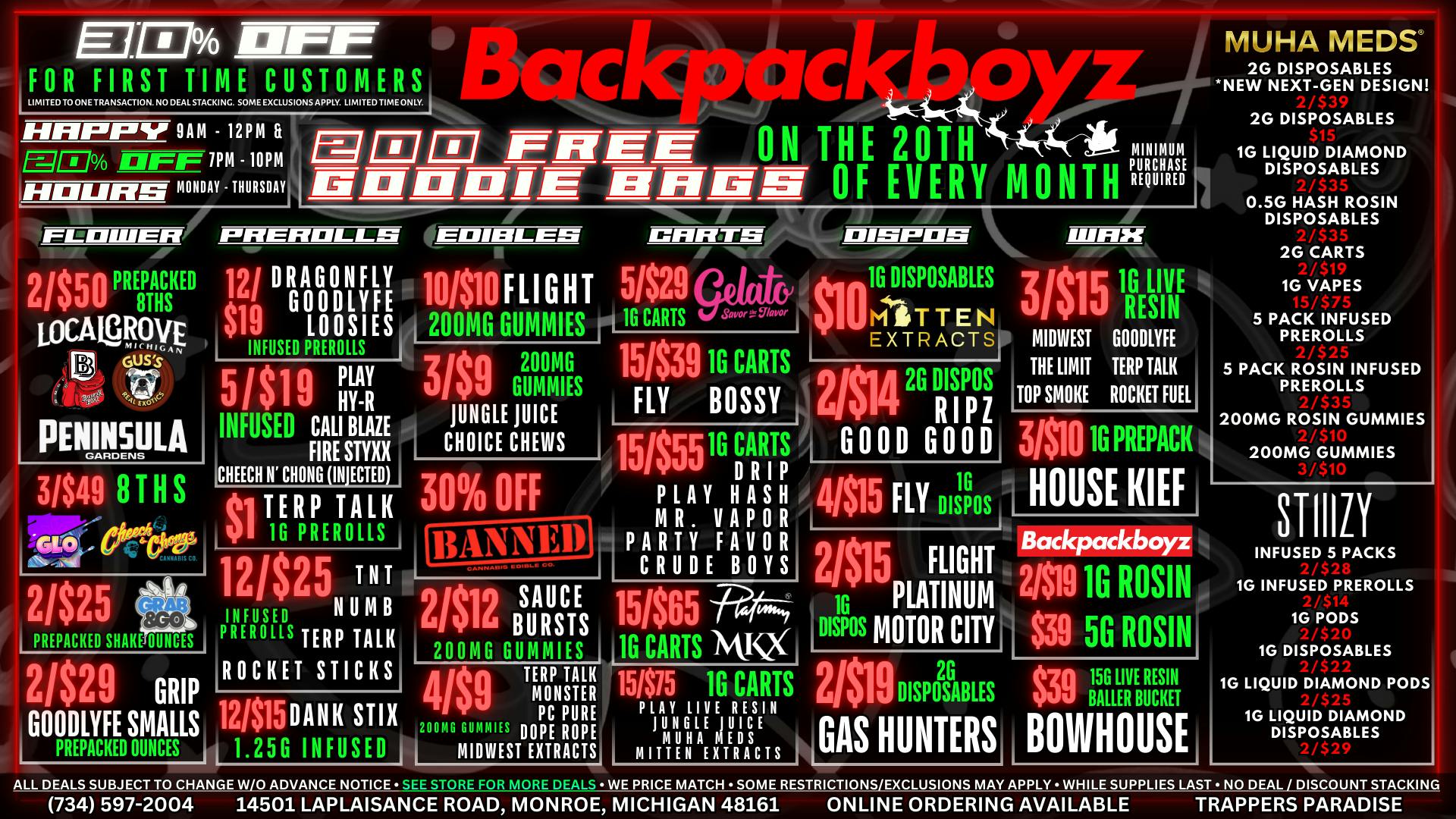 Backpack Boyz Monroe 20% OFF HAPPY HOURS 9AM-12PM & 7PM-10PM!