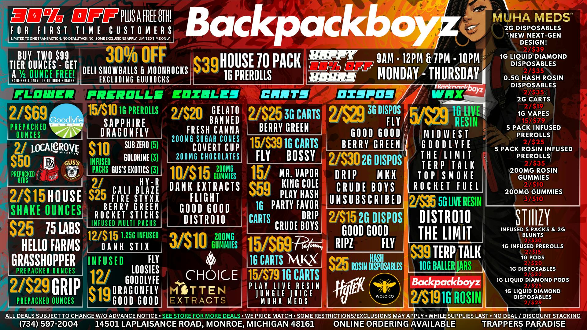 Backpack Boyz Monroe SAME LOW PRICES! $49 15G JARS ; 15/$39 CARTS!