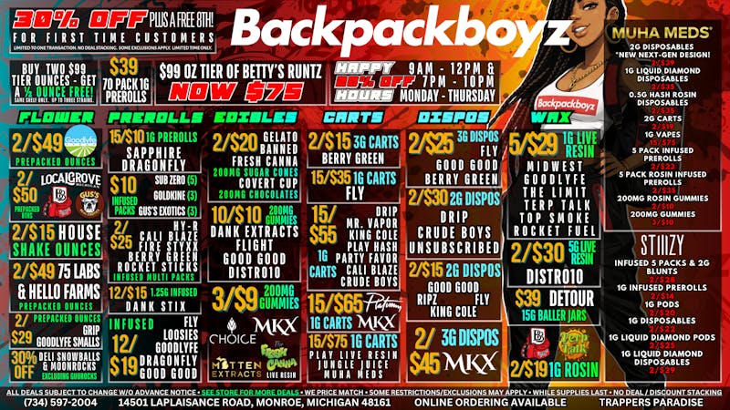 Backpack Boyz Monroe 2/$29 PREPACK OUNCES : 10/$10 GUMMIES : N0 24% TAX