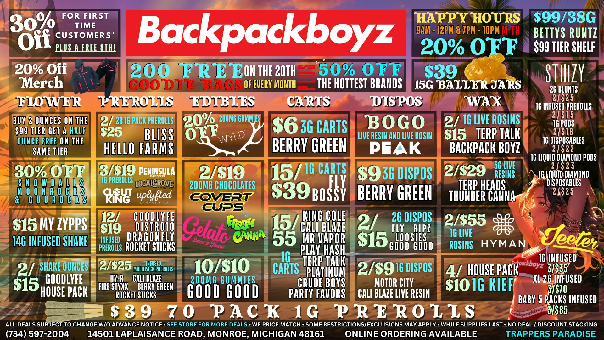 Backpack Boyz Monroe 20% OFF: 9AM-12PM & 7PM - 10PM HAPPY HOURS!