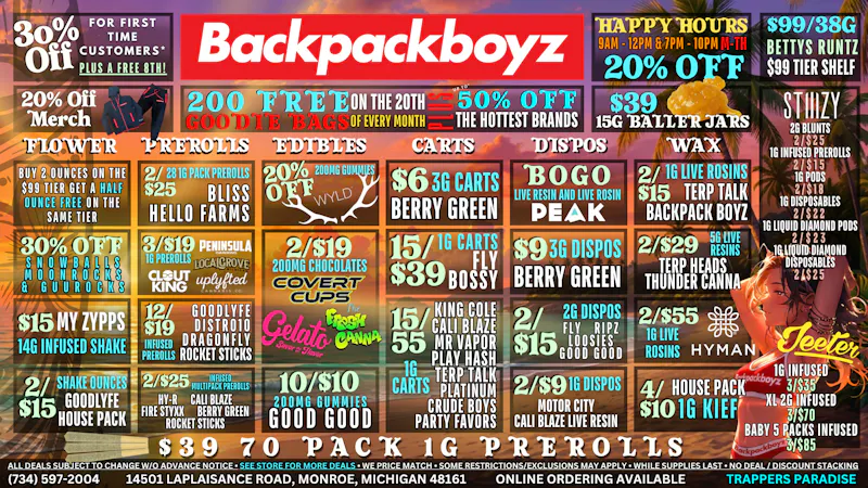 Backpack Boyz Monroe 20% OFF: 9AM-12PM & 7PM - 10PM HAPPY HOURS!