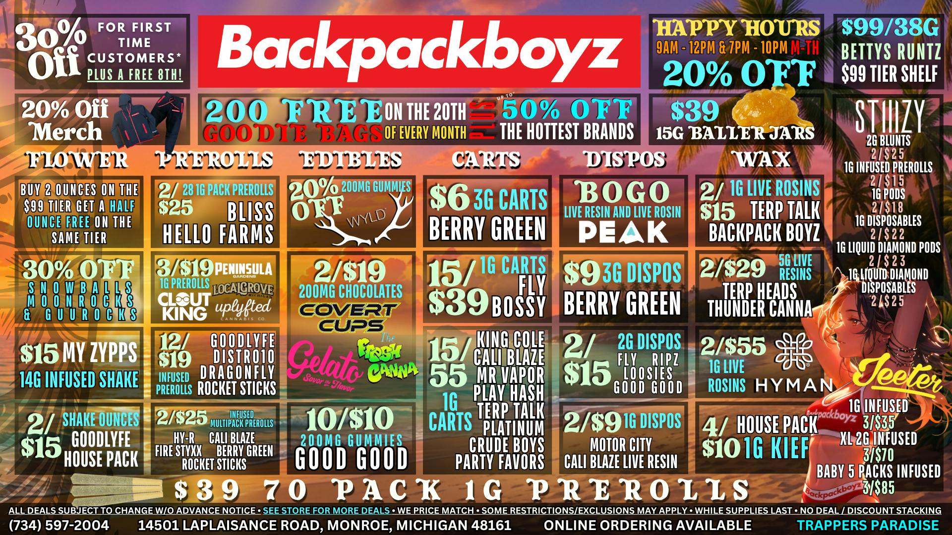 Backpack Boyz Monroe 20% OFF: 9AM-12PM & 7PM - 10PM HAPPY HOURS!