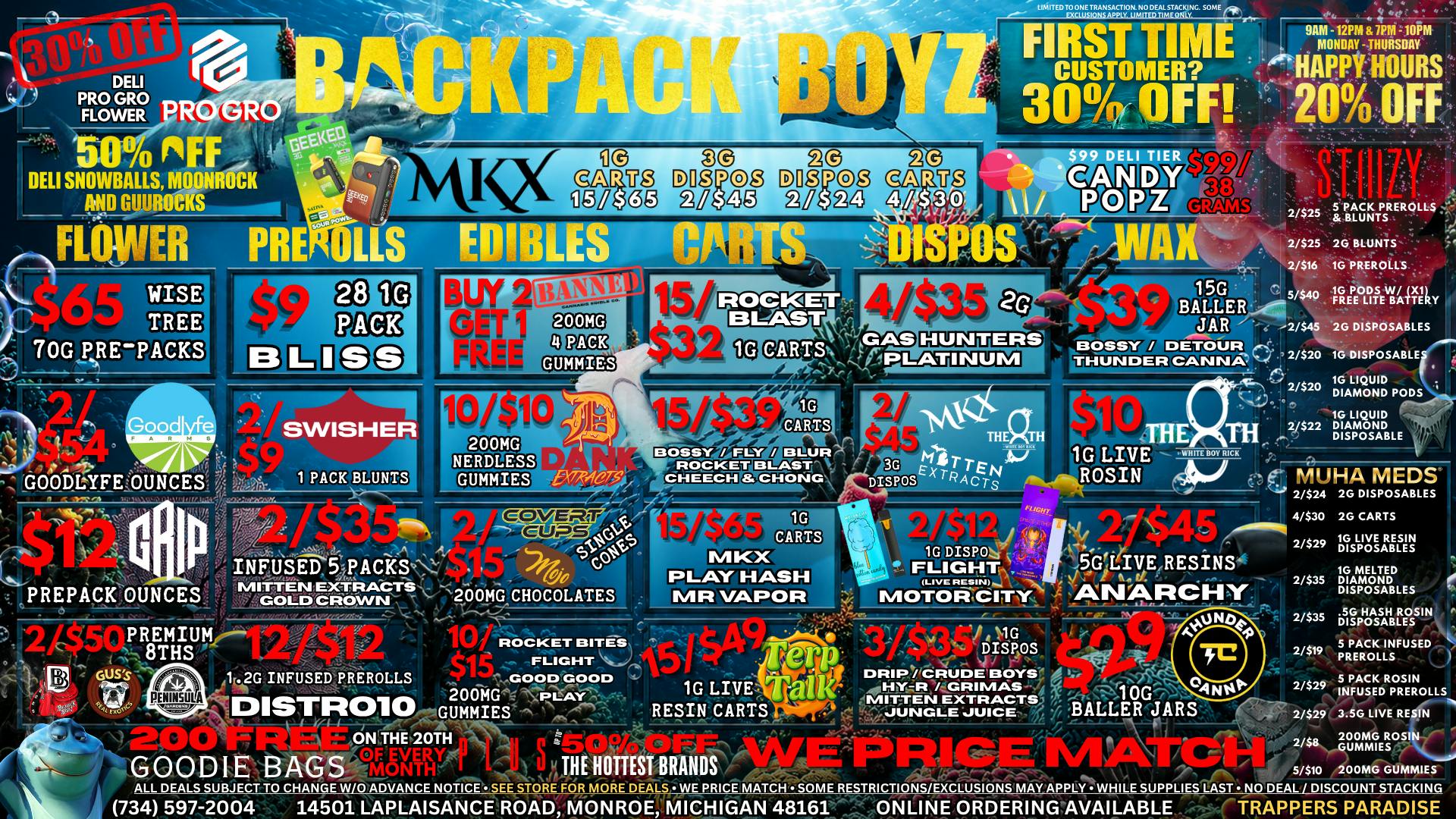 Backpack Boyz Monroe 🦈 GRIP OZ PREPACK $12: BLISS 28 PACK PREROLLS $9