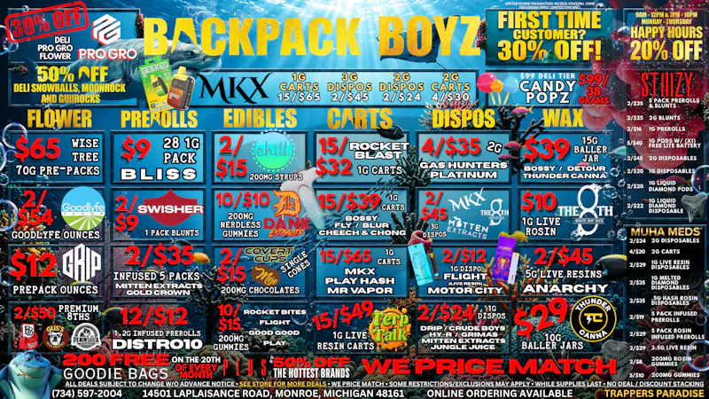 Backpack Boyz Monroe 🦈 GRIP OZ PREPACK $12: BLISS 28 PACK PREROLLS $9