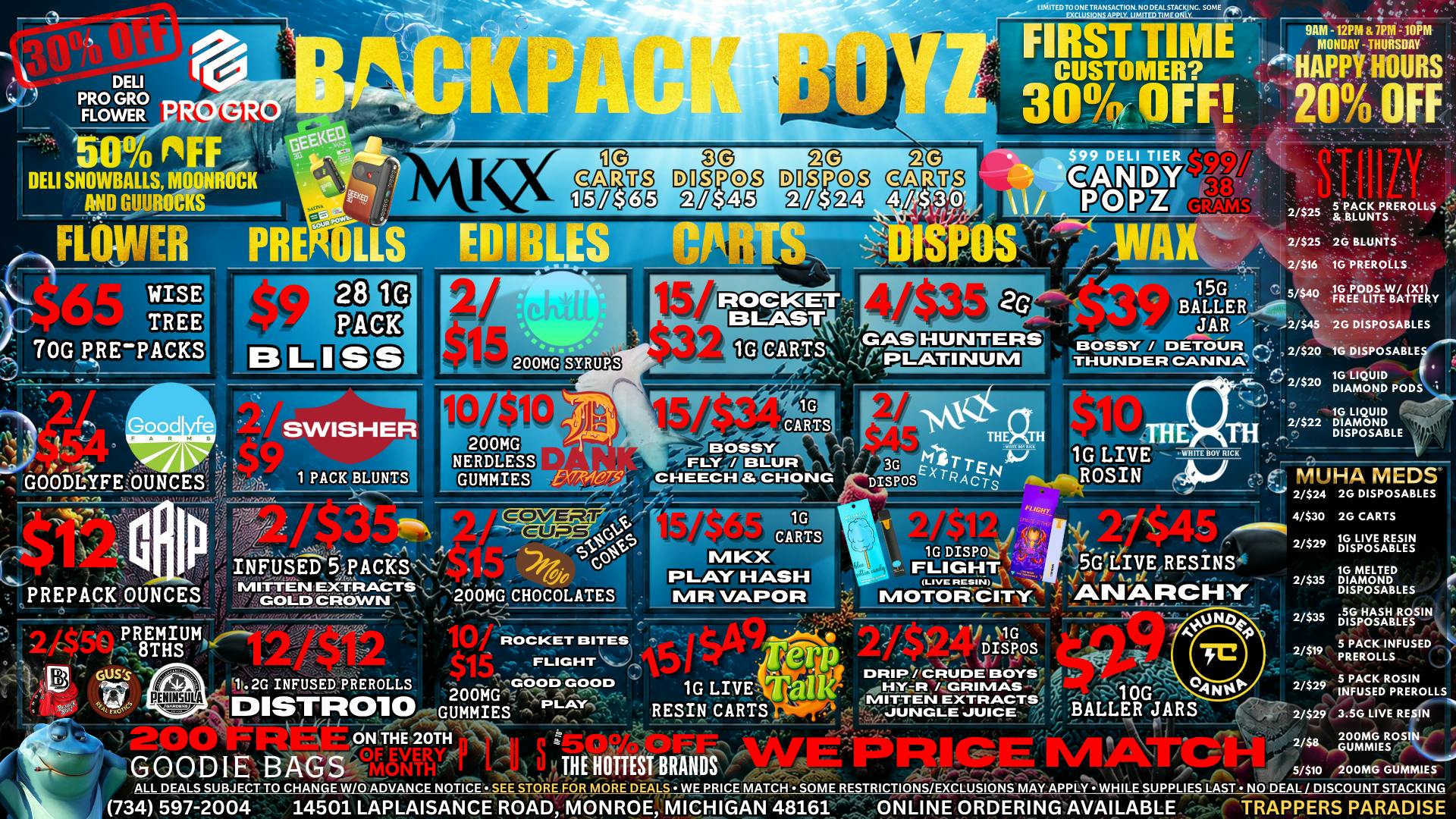 Backpack Boyz Monroe 🦈 GRIP OZ PREPACK $12: BLISS 28 PACK PREROLLS $9