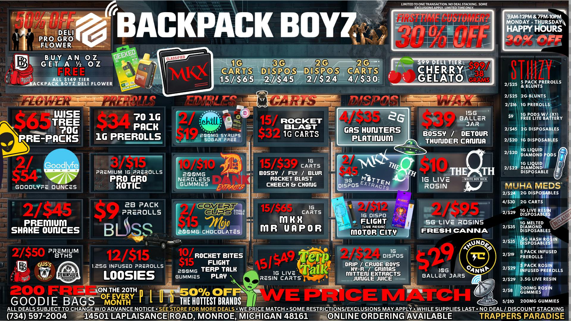 Backpack Boyz Monroe 👽 GRIP OZ PREPACK $12: BLISS 28 PACK PREROLLS $9