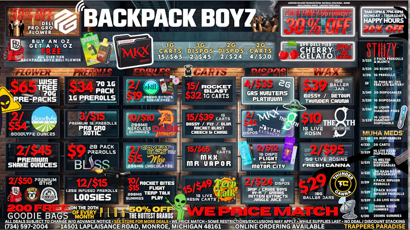 Backpack Boyz Monroe 👽 GRIP OZ PREPACK $12: BLISS 28 PACK PREROLLS $9