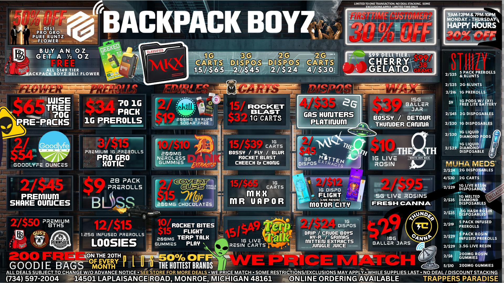 Backpack Boyz Monroe 👽 GRIP OZ PREPACK $12: BLISS 28 PACK PREROLLS $9