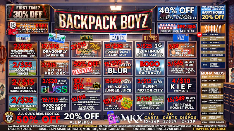 Backpack Boyz Monroe 50% OFF GUS'S EXOTICS: 10/$12 GUMMIES: $39 15G WAX