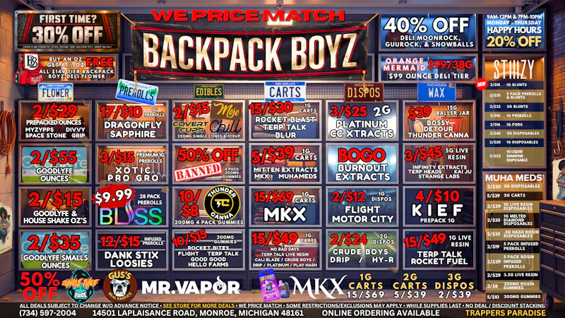 Backpack Boyz Monroe 50% OFF GUS'S EXOTICS, JUNGLE JUICE, & MR VAPOR!