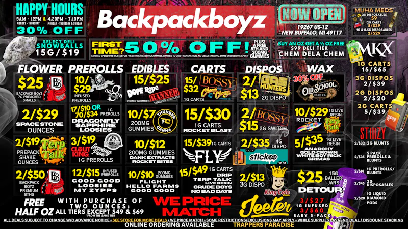 Backpack Boyz - New Buffalo FIRST TIME? 50% OFF PLUS FREE WEED!