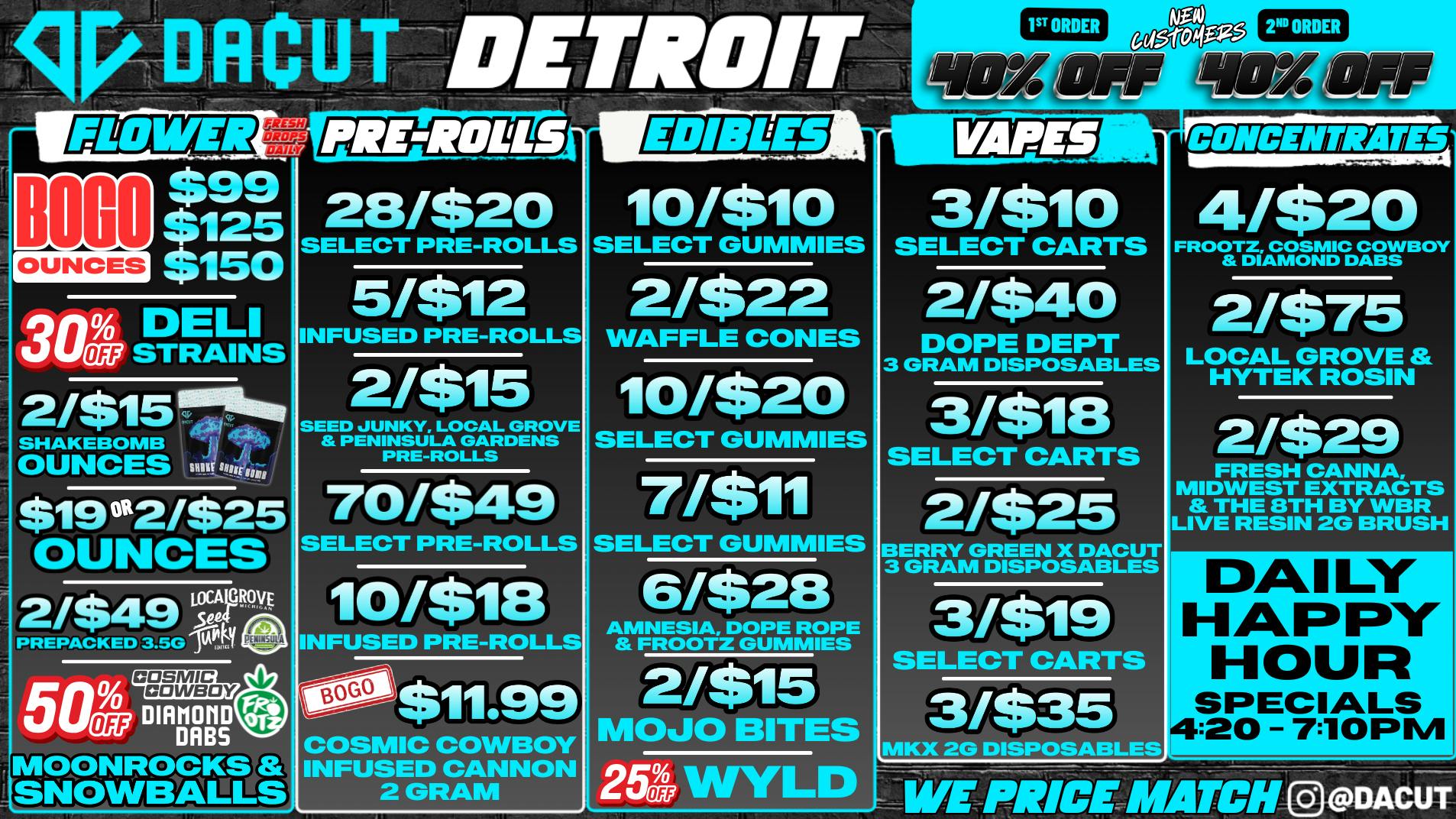 DACUT - FLINT 2/$25 OZ's, 28/$20 Pre-Rolls, 3/$10 Carts + More