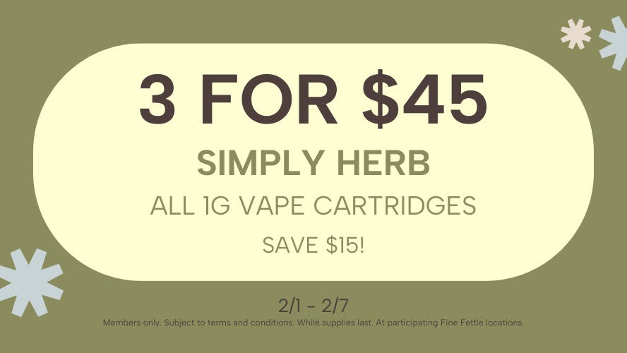Fine Fettle - West Springfield Simply Herb | All 1g Vape Cartridges 3 for $45