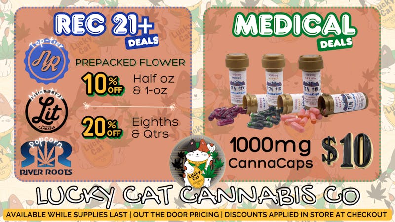 Lucky Cat Cannabis Co MED $10 CannaCaps | REC Prepacks Flower Sale