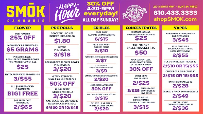 Smók Cannabis 25% off Bulk,BOGO Ounces,$1.80 Goodlyfe,BOGO Shake