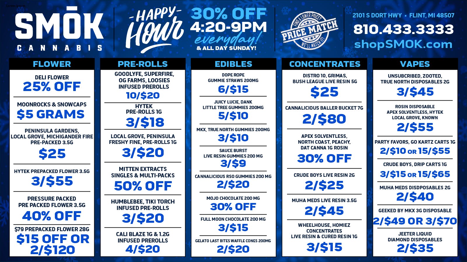 Smók Cannabis 25% OFF BULK, B1G1 $39 OUNCES, 2/$120 $79 OUNCES