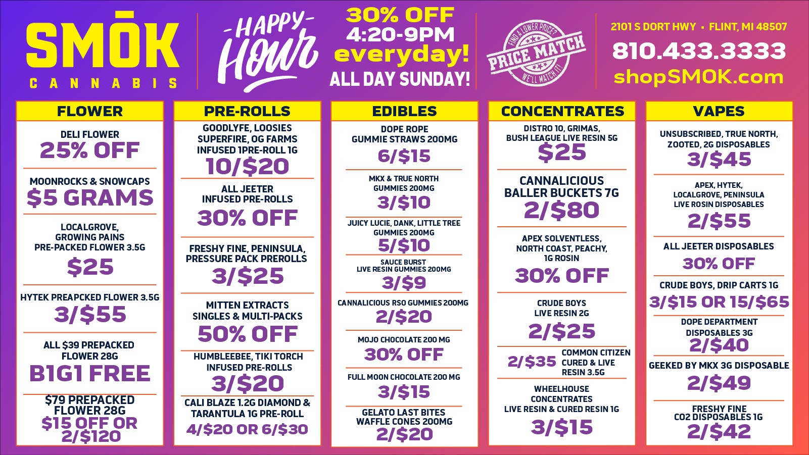 Smók Cannabis 25% OFF BULK,30% OFF ALL JEETER, 2/$120 $79 OUNCES