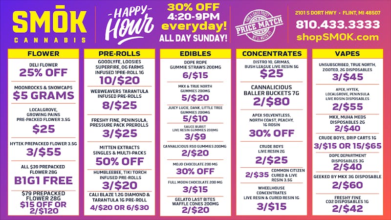 Smók Cannabis 25% OFF BULK,BOGO FREE $39 OZS, 2/$120 $79 OZs