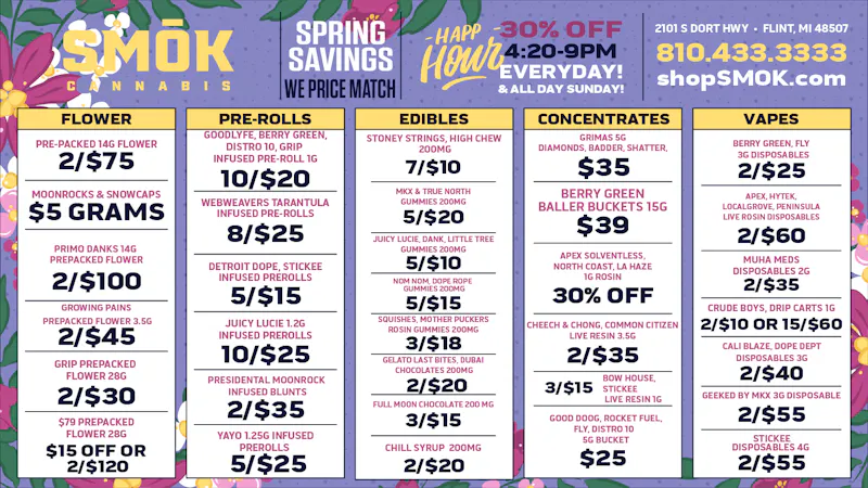 Smók Cannabis 25% OFF DELI,BOGO $39 OUNCE,50% OFF MUHA MEDS