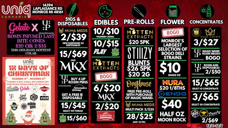Uniq Cannabis Dispensary Monroe Tis The Season of Great Deals!