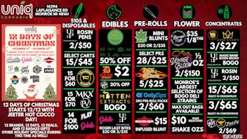 Uniq Cannabis Dispensary Monroe 12 Days of Christmas Starts FRIDAY!