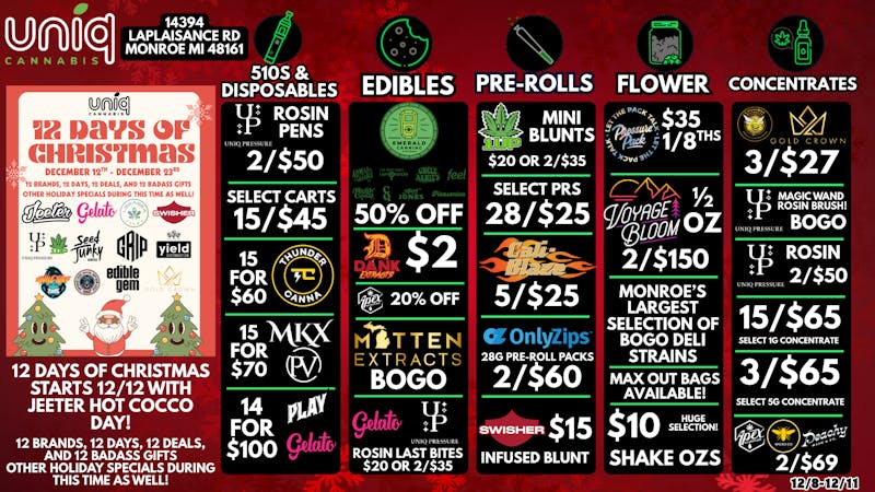 Uniq Cannabis Dispensary Monroe 12 Days of Christmas Starts FRIDAY!