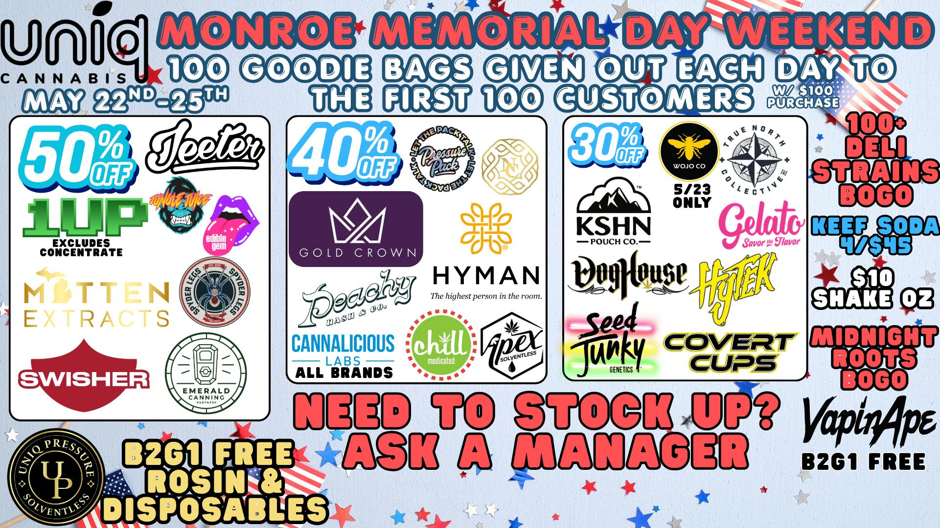 Uniq Cannabis Dispensary Monroe Happy Memorial Day Weekend! Massive Savings!