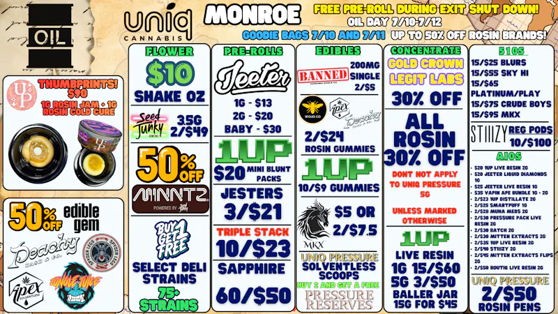 Uniq Cannabis Dispensary Monroe 710 at Uniq! Up to 50% off Rosin Brands!