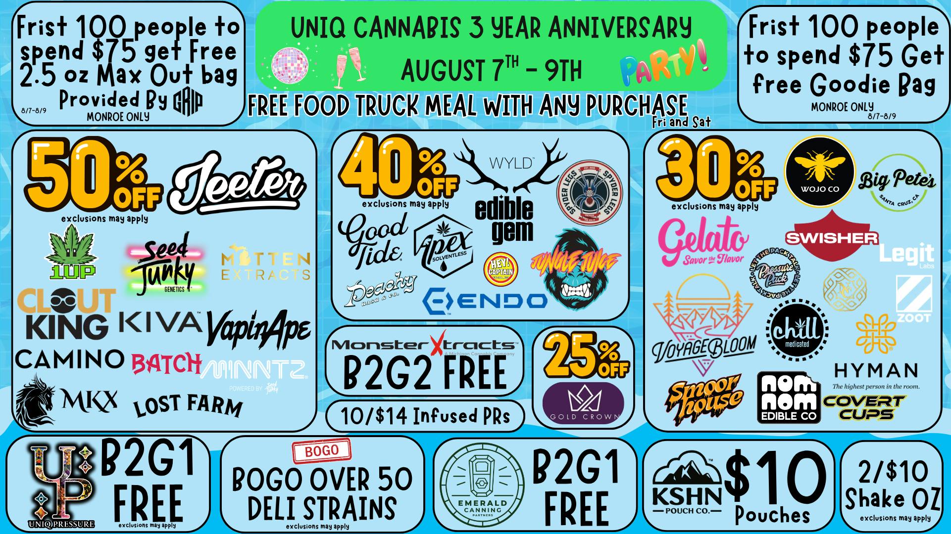 Uniq Cannabis Dispensary Monroe Celebrate 3 Years Of Uniq! Up to 50% Off Storewide