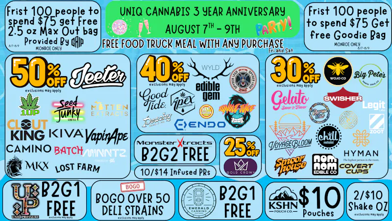 Uniq Cannabis Dispensary Monroe Celebrate 3 Years Of Uniq! Up to 50% Off Storewide