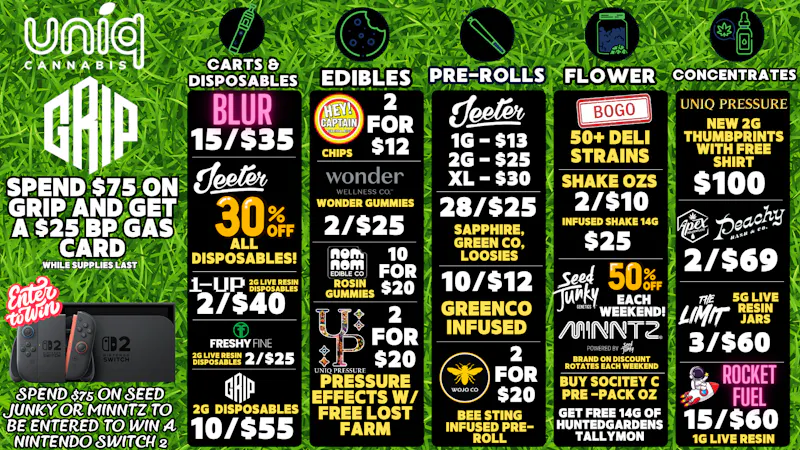 Uniq Cannabis Dispensary Monroe BOGO Select Deli Strain! 30% Off Jeeter Pens