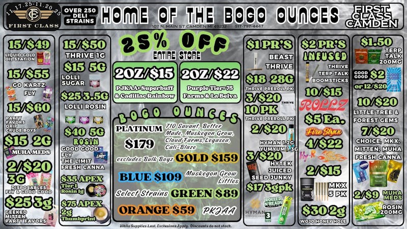 First Class Camden (formerly Dispo) 💨✶2OZ/$15✶💨BOGO OUNCES💨OVER 250 DELI STRAINS💨