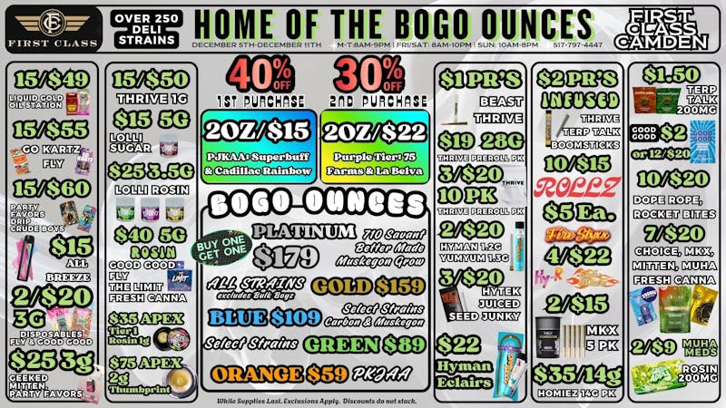 First Class Camden (formerly Dispo) 💨✶2OZ/$15✶💨BOGO OUNCES💨OVER 250 DELI STRAINS💨