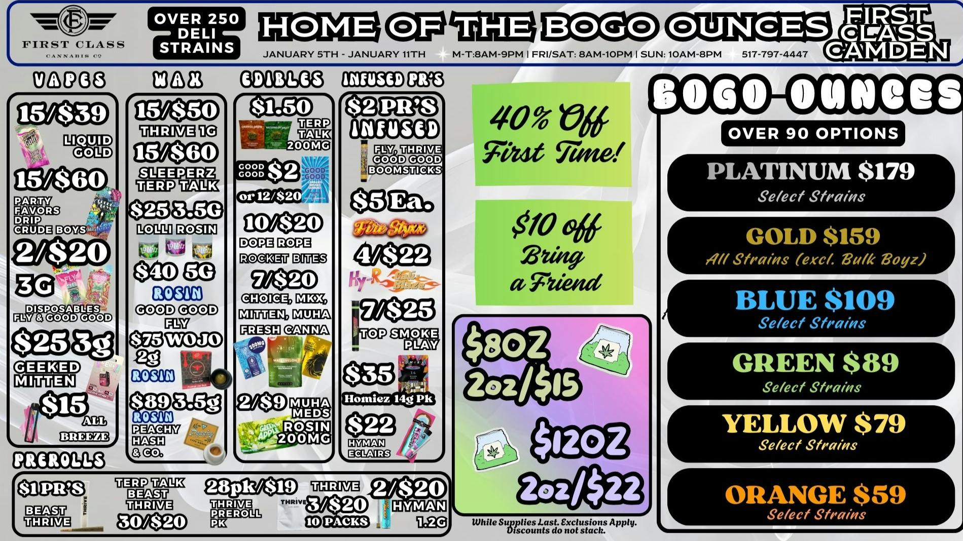 First Class Camden (formerly Dispo) 💨✶BOGO OUNCES✶💨$8 OZ'S💨OVER 250 DELI STRAINS💨