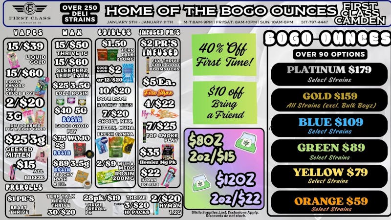 First Class Camden (formerly Dispo) 💨✶BOGO OUNCES✶💨$8 OZ'S💨OVER 250 DELI STRAINS💨