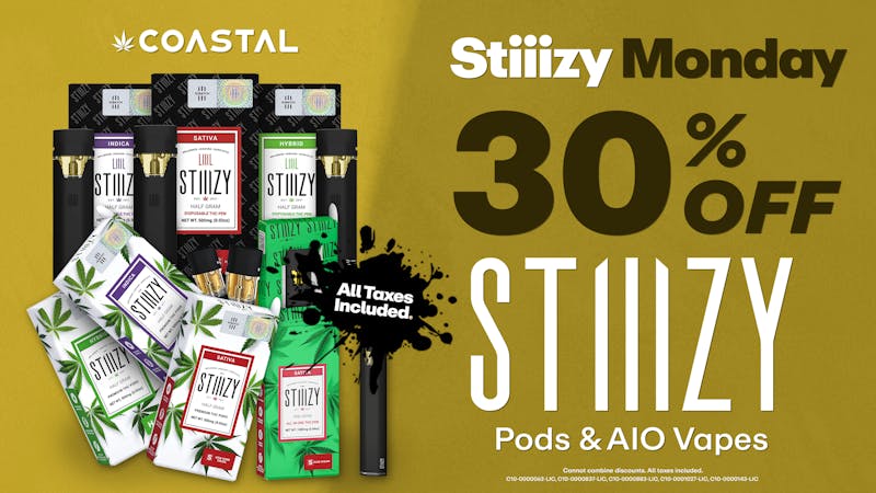Coastal Concord Stiiizy Monday 30% Off Pods and AIO Vapes