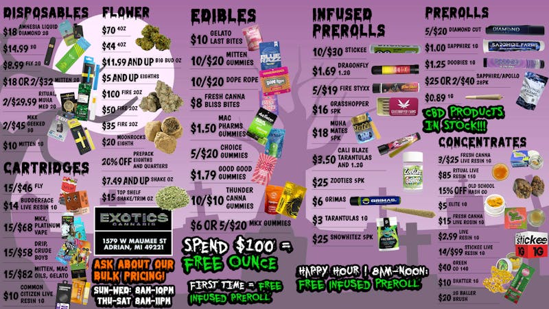 Exotics Cannabis - Adrian - NOW OPEN! All Treats, No Tricks! | Happy Hour 8am to 12pm