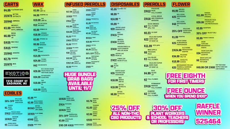 Exotics Cannabis - Saginaw Saginaw's Best Deals 💰 Grab Bags End Nov 7!