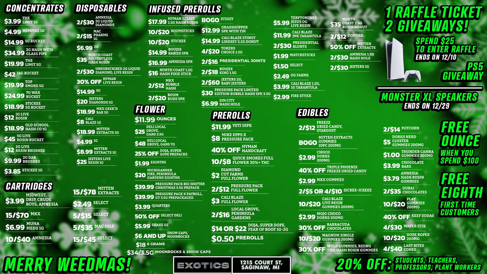 Exotics Cannabis - Saginaw Saginaw's Best Deals 💰 SPEND 100 = FREE OUNCE!!!