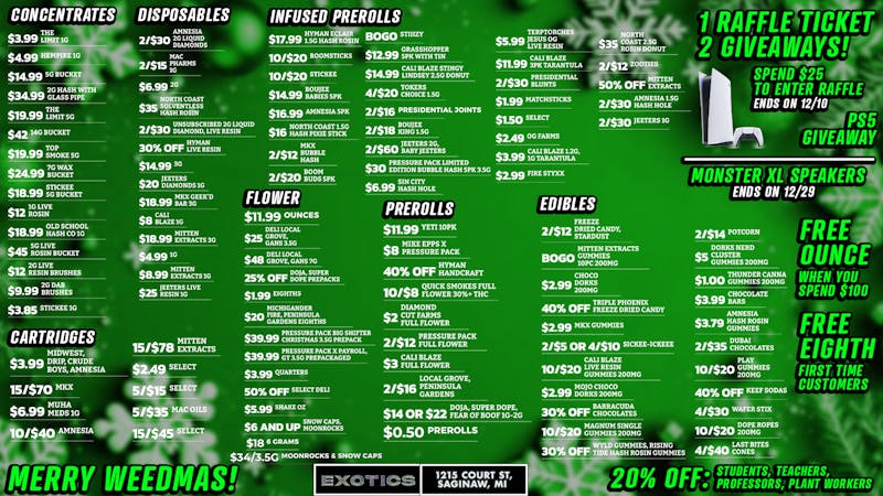 Exotics Cannabis - Saginaw Saginaw's Best Deals 💰 SPEND 100 = FREE OUNCE!!!