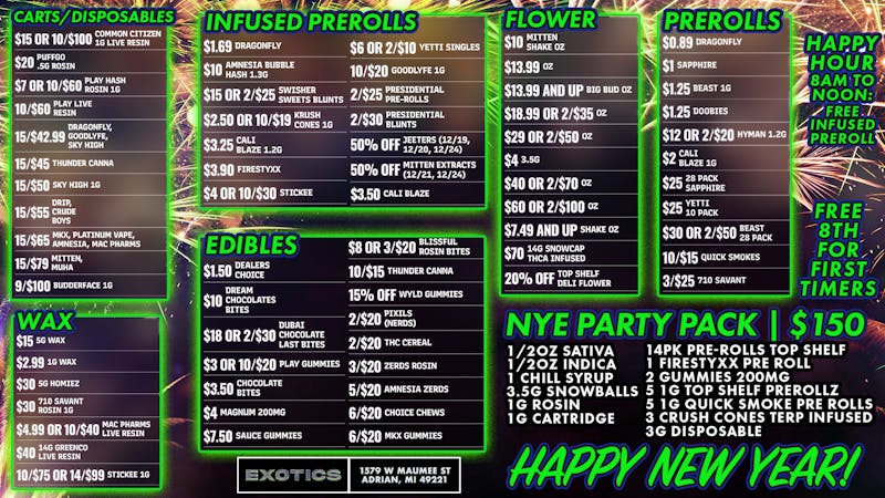 Exotics Cannabis - Adrian - NOW OPEN! 🎉 NEW YEARS EVE PARTY PACK $150!